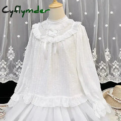 Cyflymder Victorian Vintage Lolita Blouse Elegant Women Sweet High Collar Ruffle Lace Bandage Tops Female Gothic Long