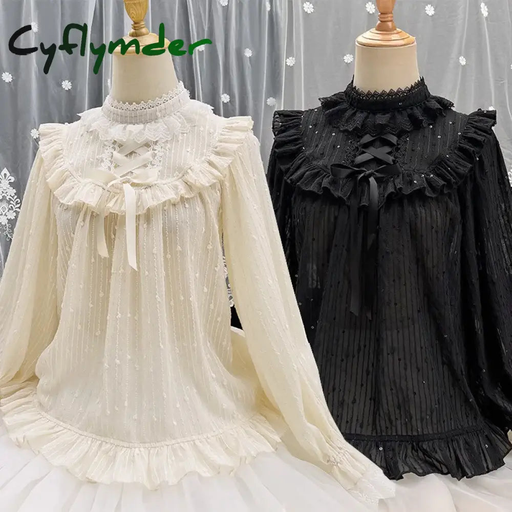 Cyflymder Victorian Vintage Lolita Blouse Elegant Women Sweet High Collar Ruffle Lace Bandage Tops Female Gothic Long