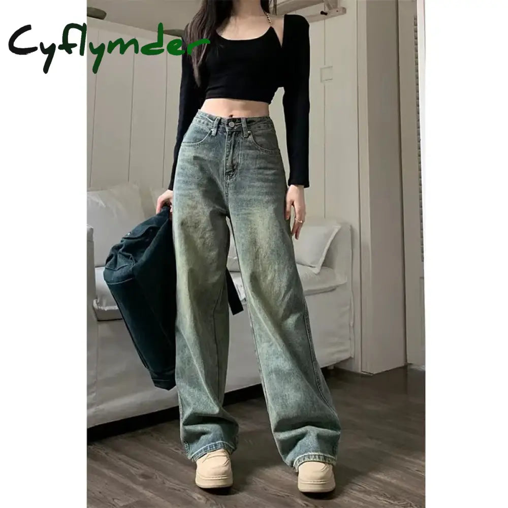 Cyflymder Vintage 90S Baggy Straight Denim Trousers Female Y2K High Waist Loose Wide Leg Jeans
