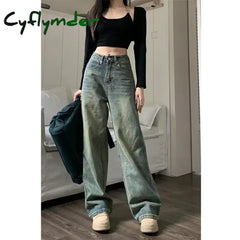 Cyflymder Vintage 90S Baggy Straight Denim Trousers Female Y2K High Waist Loose Wide Leg Jeans