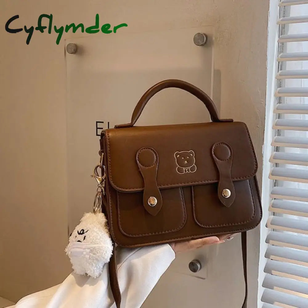 Cyflymder Vintage Bear Print Handbags For Women Trendyol Cute Shoulder Bag Elegant Academy Japanese