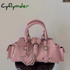 Cyflymder Vintage Biker Shoulder Bag Y2K Hippie American Street Style Heart Rivets Pink Handbag New