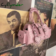 Cyflymder Vintage Biker Shoulder Bag Y2K Hippie American Street Style Heart Rivets Pink Handbag New