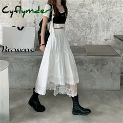 Cyflymder Vintage Black Gothic Y2K Long Skirt Autumn Lace Stitching Irregular Pleated Women White