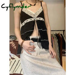 Cyflymder Vintage Black Lace Camis Women Y2k Coquette Aesthetic Kawaii Crop Tank Tops Sexy Japanese 2000s Grunge