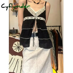 Cyflymder Vintage Black Lace Camis Women Y2k Coquette Aesthetic Kawaii Crop Tank Tops Sexy Japanese 2000s Grunge