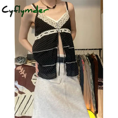 Cyflymder Vintage Black Lace Camis Women Y2k Coquette Aesthetic Kawaii Crop Tank Tops Sexy Japanese 2000s Grunge