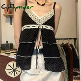 Cyflymder Vintage Black Lace Camis Women Y2k Coquette Aesthetic Kawaii Crop Tank Tops Sexy Japanese 2000s Grunge
