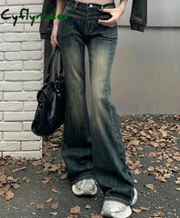 Vintage Blue Washed Slim Y2k Female Jeans High Waist Full Length Casual Chic Pockets Fashion Women's Jeans Office Lady Cyflymder