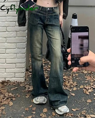 Vintage Blue Washed Slim Y2k Female Jeans High Waist Full Length Casual Chic Pockets Fashion Women's Jeans Office Lady Cyflymder