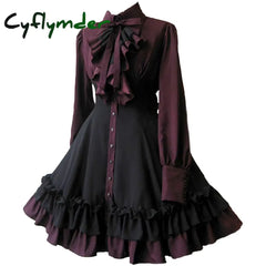 Cyflymder Vintage Bow Lace-up Medieval Court Style Dress Elegant Layer Ruffles Palace Lolita Dress Victorian Princess