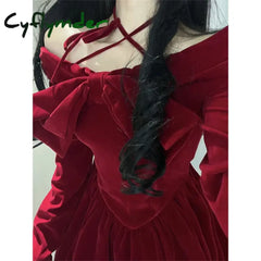 Cyflymder Vintage Bow Mini Dress Women Y2K Sexy Slash Neck Red Velvet Dresses Winter Kawaii Christmas Party Bodycon A