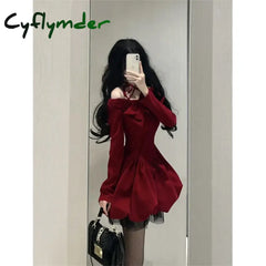 Cyflymder Vintage Bow Mini Dress Women Y2K Sexy Slash Neck Red Velvet Dresses Winter Kawaii Christmas Party Bodycon A