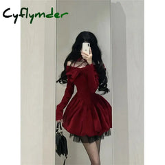 Cyflymder Vintage Bow Mini Dress Women Y2K Sexy Slash Neck Red Velvet Dresses Winter Kawaii Christmas Party Bodycon A