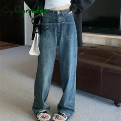 Cyflymder Vintage Casual Thick Jeans Women Korean Fashion Basic High Waist Wide Leg Denim Pants Autumn Warm Straight