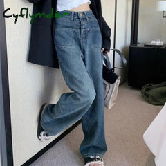 Cyflymder Vintage Casual Thick Jeans Women Korean Fashion Basic High Waist Wide Leg Denim Pants Autumn Warm Straight