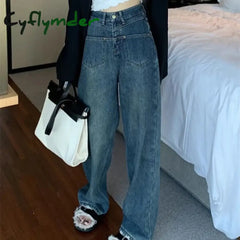 Cyflymder Vintage Casual Thick Jeans Women Korean Fashion Basic High Waist Wide Leg Denim Pants Autumn Warm Straight