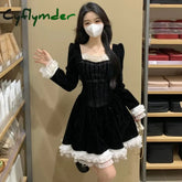 Cyflymder Vintage Christmas Sweet Velvet Dress Women Lace Patchwork Square Collar High Waist Solid Color Slim Birthday