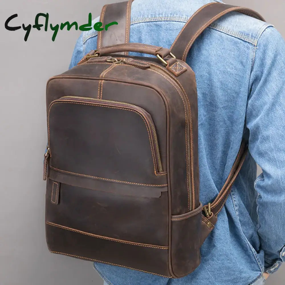Vintage Crazy Horse Genuine Leather Man's Backpack Fit 14" Laptop Women Rucksack Leather School Bag Big Travel Backapack For Man