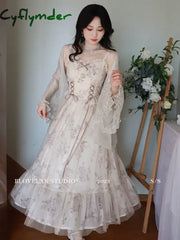 Cyflymder Vintage Elegant Floral Dress Women Sweet Ruffles Mesh Fairy Strap Dress Female Summer Court Retro Evening