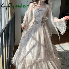 Cyflymder Vintage Elegant Floral Dress Women Sweet Ruffles Mesh Fairy Strap Dress Female Summer Court Retro Evening