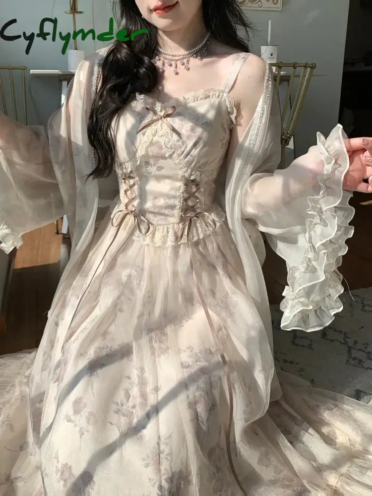 Cyflymder Vintage Elegant Floral Dress Women Sweet Ruffles Mesh Fairy Strap Dress Female Summer Court Retro Evening
