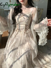 Cyflymder Vintage Elegant Floral Dress Women Sweet Ruffles Mesh Fairy Strap Dress Female Summer Court Retro Evening