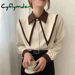 Vintage Elegant Shirts Women Chiffon Patchwork Ruffle Turn Down Collar Long Sleeve Blouse Korean Office Lady Loose Tops