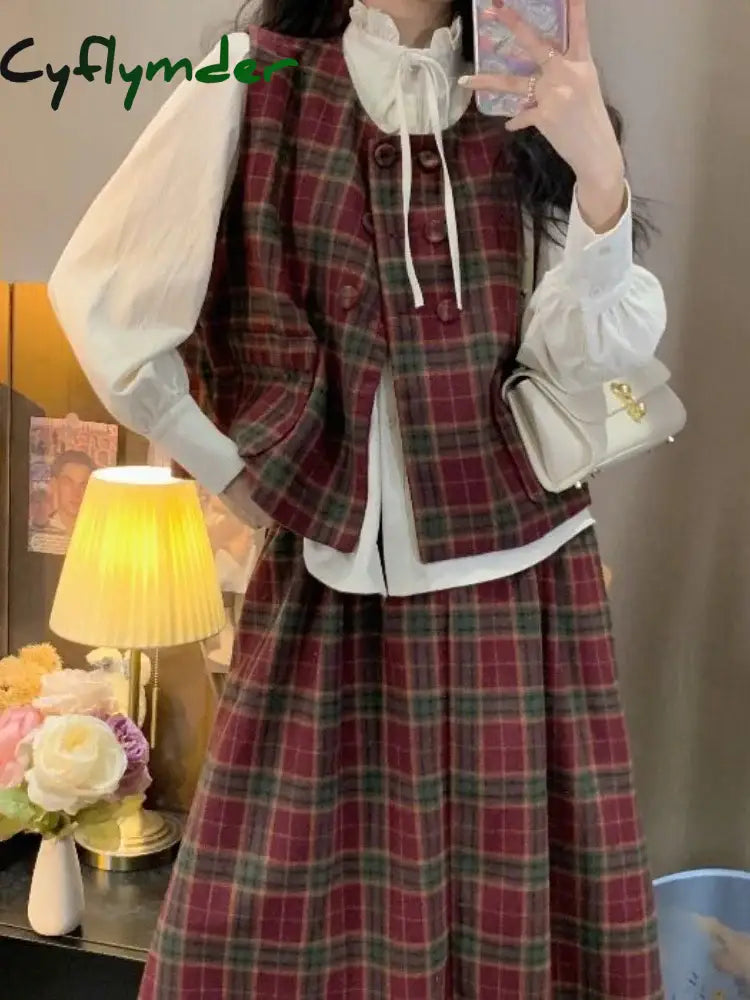Cyflymder Vintage Fashion Three Piece-Set Women Autumn Button Cropped Vest Plaid Midi Skirt Sets Elegant Casual Chic
