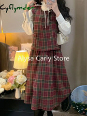Cyflymder Vintage Fashion Three Piece-Set Women Autumn Button Cropped Vest Plaid Midi Skirt Sets Elegant Casual Chic