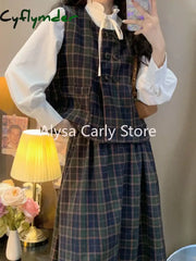 Cyflymder Vintage Fashion Three Piece-Set Women Autumn Button Cropped Vest Plaid Midi Skirt Sets Elegant Casual Chic
