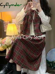 Cyflymder Vintage Fashion Three Piece-Set Women Autumn Button Cropped Vest Plaid Midi Skirt Sets Elegant Casual Chic