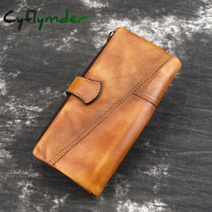 Cyflymder Vintage Fashion Wax Oil Skin Long Purse Genuine Leather Notecase For Ladies Girls 2 Folds