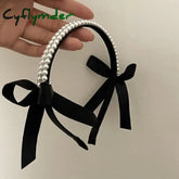 Cyflymder Vintage French Pearls Bow Hair Band For Women Girls Autumn Winter Korean Elegant Black