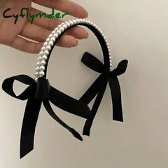 Cyflymder Vintage French Pearls Bow Hair Band For Women Girls Autumn Winter Korean Elegant Black