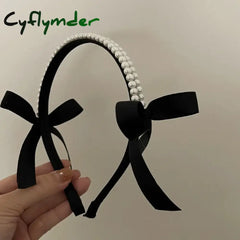 Cyflymder Vintage French Pearls Bow Hair Band For Women Girls Autumn Winter Korean Elegant Black