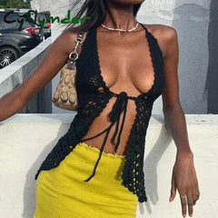 Cyflymder Vintage Knitted Front Tie Up Tank Vest Beach Crochet Hollow Out Halter Tops Women Sexy