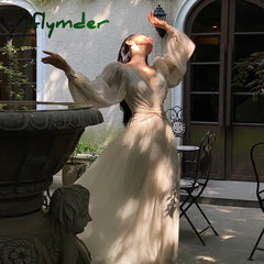 Cyflymder Vintage Korean V-Neck Pleated Maxi Dresses For Women Ladies Party Fringed Lace Puff