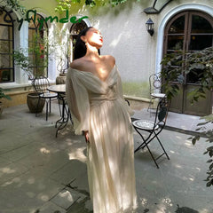 Cyflymder Vintage Korean V-Neck Pleated Maxi Dresses For Women Ladies Party Fringed Lace Puff