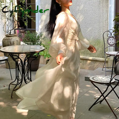 Cyflymder Vintage Korean V-Neck Pleated Maxi Dresses For Women Ladies Party Fringed Lace Puff