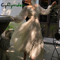Cyflymder Vintage Korean V-Neck Pleated Maxi Dresses For Women Ladies Party Fringed Lace Puff