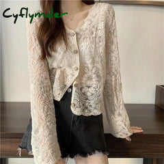 Cyflymder Vintage Lace Blouse Women Sheer Long Sleeve Sunscreen Shirt Cardigan Vacation Korean