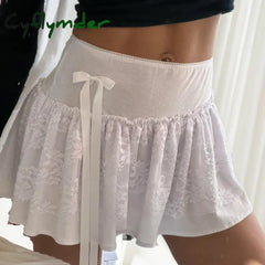 Cyflymder Vintage Lace Patchwork Ruched Skirts Bow Solid Aesthetic Harajuku Mini Bottoms Harajuku Fashion 90s A-line