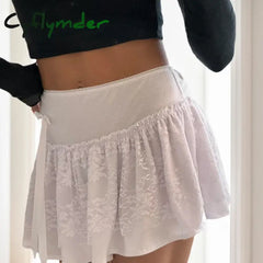 Cyflymder Vintage Lace Patchwork Ruched Skirts Bow Solid Aesthetic Harajuku Mini Bottoms Harajuku Fashion 90s A-line