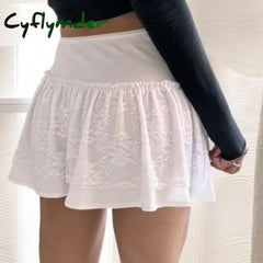 Cyflymder Vintage Lace Patchwork Ruched Skirts Bow Solid Aesthetic Harajuku Mini Bottoms Harajuku Fashion 90s A-line