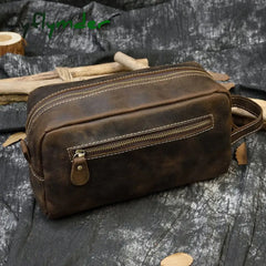 Cyflymder Vintage Leather Storage Bag Clutch Bags Men Wash Toiletry Kits Crazy Horse Clutches Dark