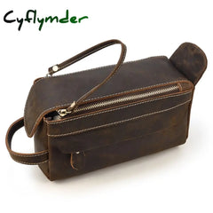 Cyflymder Vintage Leather Storage Bag Clutch Bags Men Wash Toiletry Kits Crazy Horse Clutches Dark