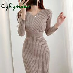 Cyflymder Vintage Long Sleeve Knitted Dresses for Women Party Robe Female Autumn Retro V-neck Bodycon Dress Korean Slim