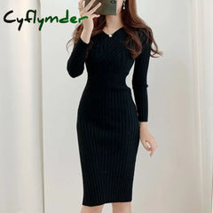 Cyflymder Vintage Long Sleeve Knitted Dresses for Women Party Robe Female Autumn Retro V-neck Bodycon Dress Korean Slim