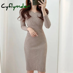 Cyflymder Vintage Long Sleeve Knitted Dresses for Women Party Robe Female Autumn Retro V-neck Bodycon Dress Korean Slim